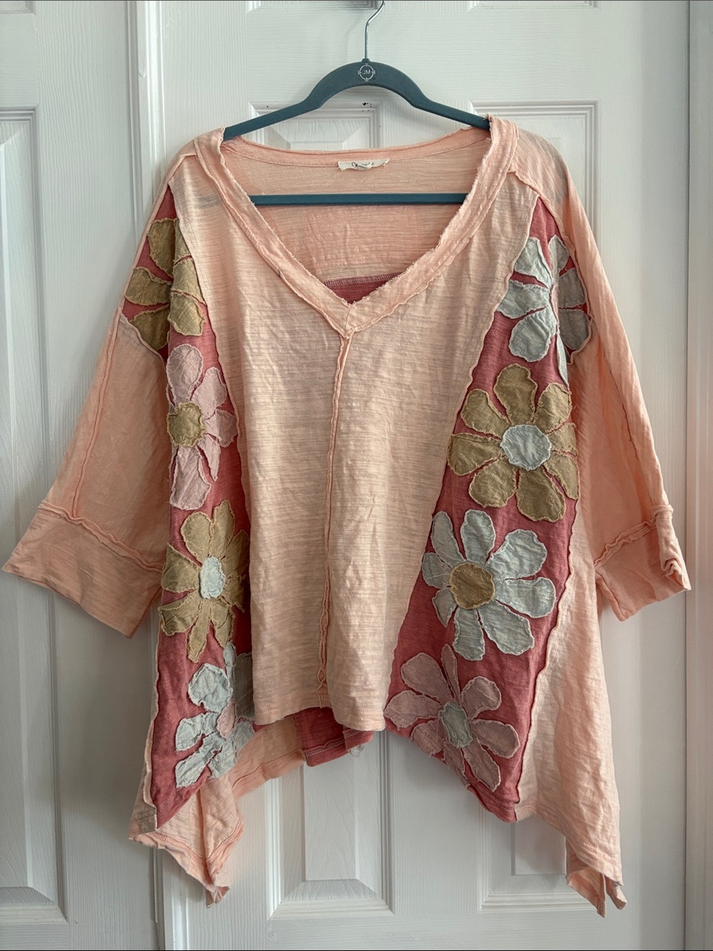 Oli & Hali Peach patchwork Floral Panel V-Neck oversized baggy Women's Top